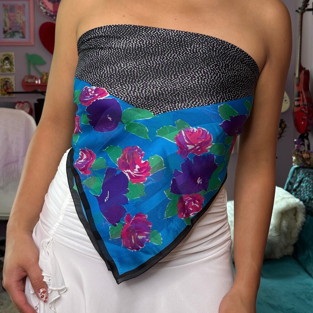 Vintage 80s retro silk floral polka dot scarf